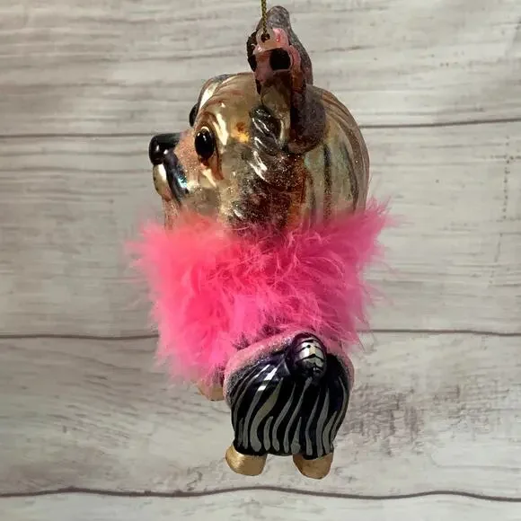 Yorkshire Terrier Dog Glass Christmas Tree Ornament Ballerina Feather Boa Yorkie - Picture 4 of 16